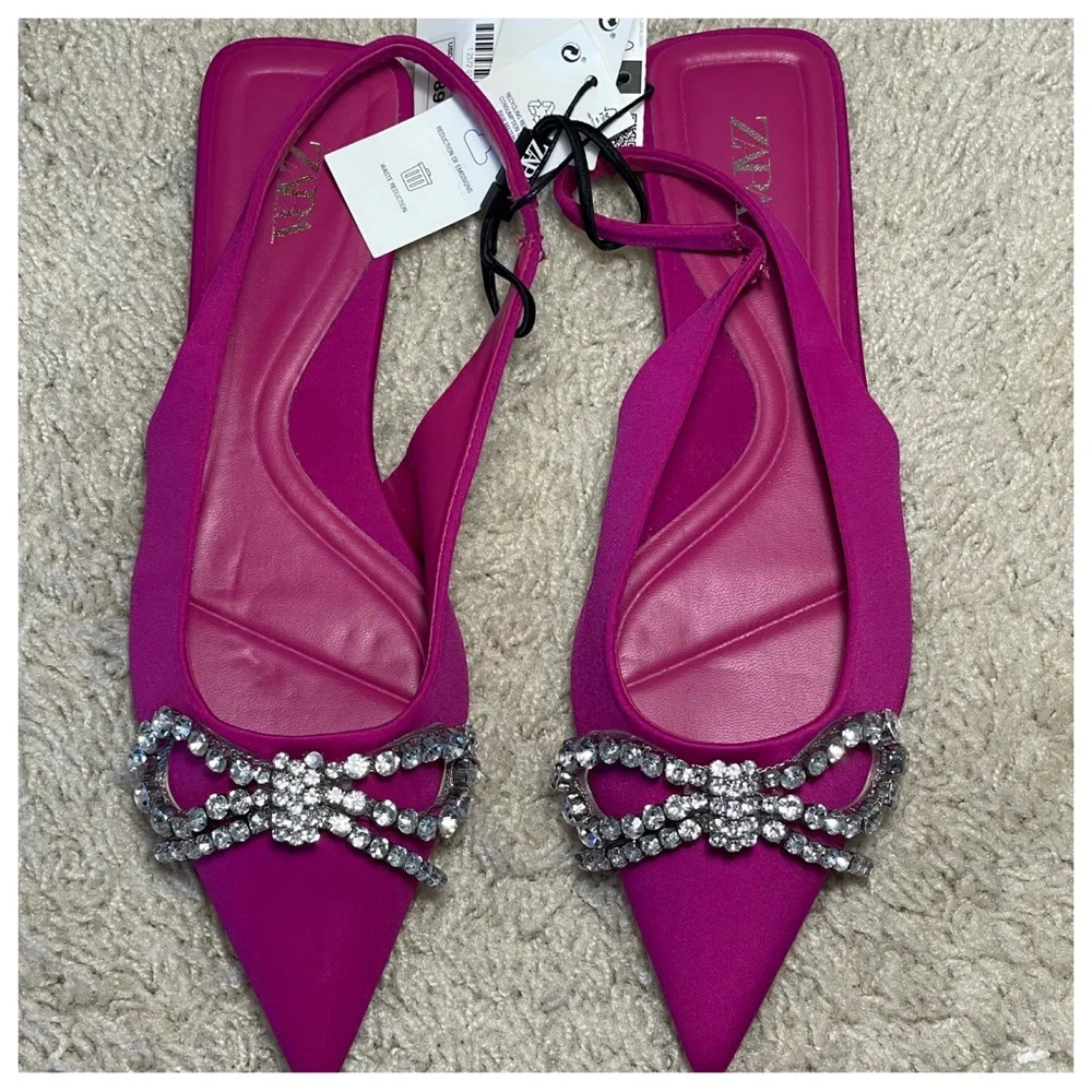 NWT! ZARA FLAT MULES WITH EMBELLISHED BOW FUCHSIA - Picture 1 of 8